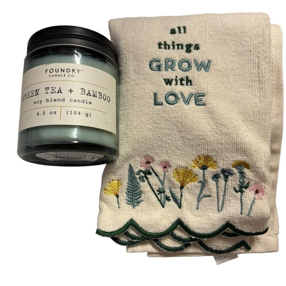 The Foundry Supply Co. Green Tea & Bamboo Candle with Embroidered Towel